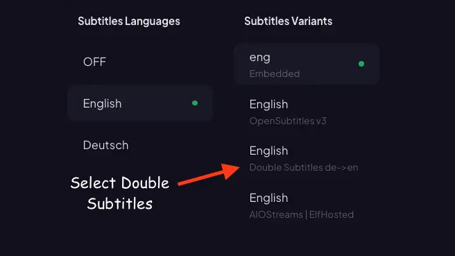 Stremio subtitle menu with Double Subtitles selected as a subtitle variant